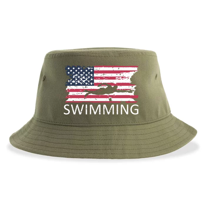 Usa Swimming Gift Distressed Us Flag Swimming Hoody Sustainable Bucket Hat