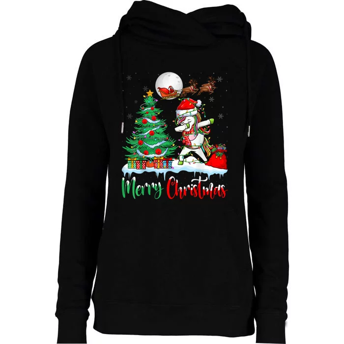 Unicorn Santa Hat Christmas Tree Merry Christmas Unicorn Womens Funnel Neck Pullover Hood