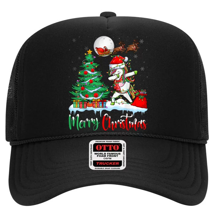 Unicorn Santa Hat Christmas Tree Merry Christmas Unicorn High Crown Mesh Trucker Hat