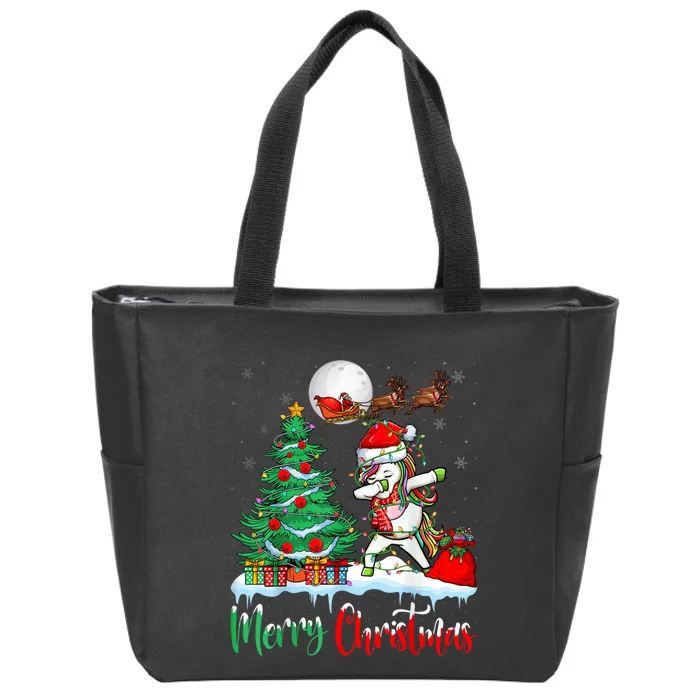 Unicorn Santa Hat Christmas Tree Merry Christmas Unicorn Zip Tote Bag