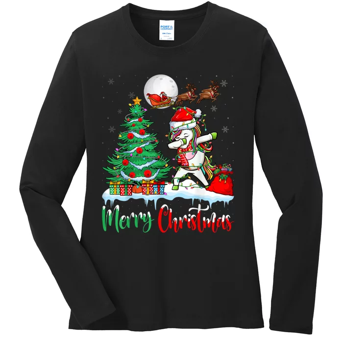 Unicorn Santa Hat Christmas Tree Merry Christmas Unicorn Ladies Long Sleeve Shirt