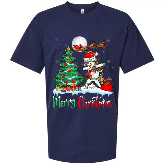 Unicorn Santa Hat Christmas Tree Merry Christmas Unicorn Sueded Cloud Jersey T-Shirt