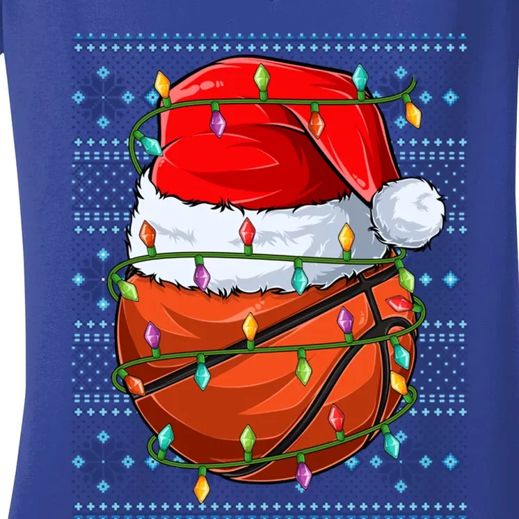 Ugly Sweater Holiday Xmas Santa Lights Basketball Christmas Gift Women's V-Neck T-Shirt