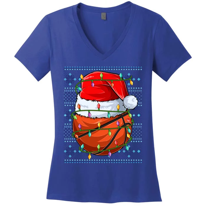 Ugly Sweater Holiday Xmas Santa Lights Basketball Christmas Gift Women's V-Neck T-Shirt