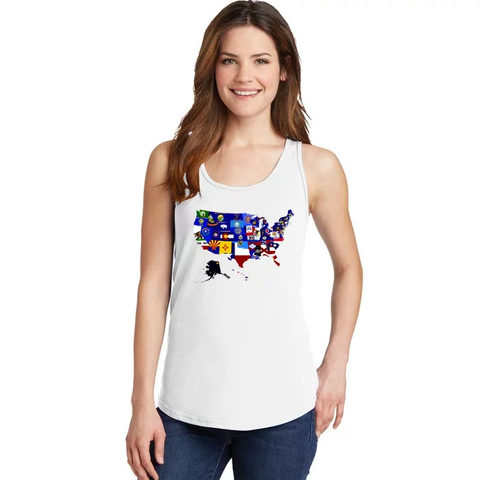 United States Map With Embeded Flags Ladies Essential Tank