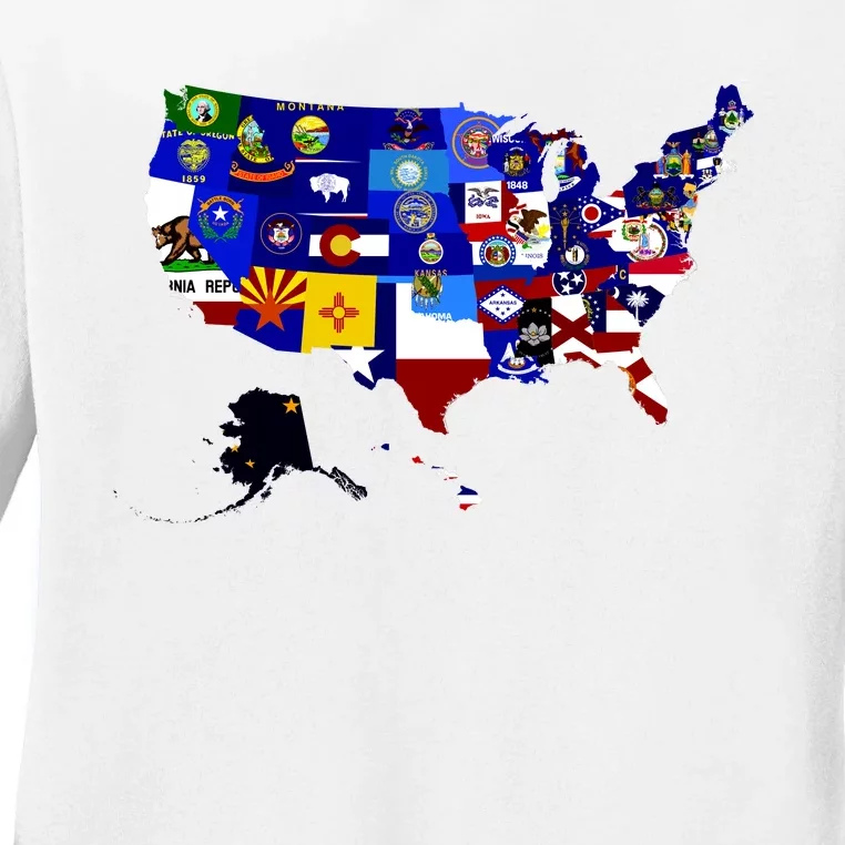 United States Map With Embeded Flags Ladies Long Sleeve Shirt