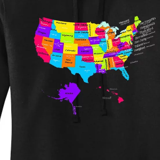 United States Map With States And Capital Cities Women's Pullover Hoodie