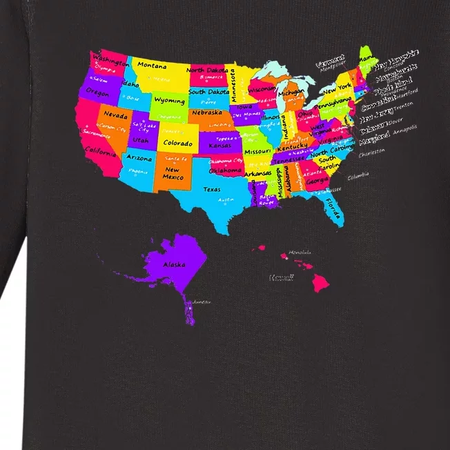 United States Map With States And Capital Cities Baby Long Sleeve Bodysuit