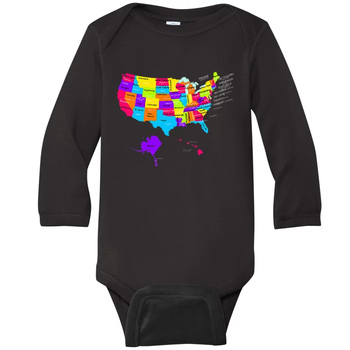 United States Map With States And Capital Cities Baby Long Sleeve Bodysuit