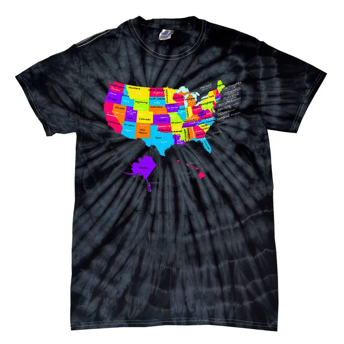 United States Map With States And Capital Cities Tie-Dye T-Shirt