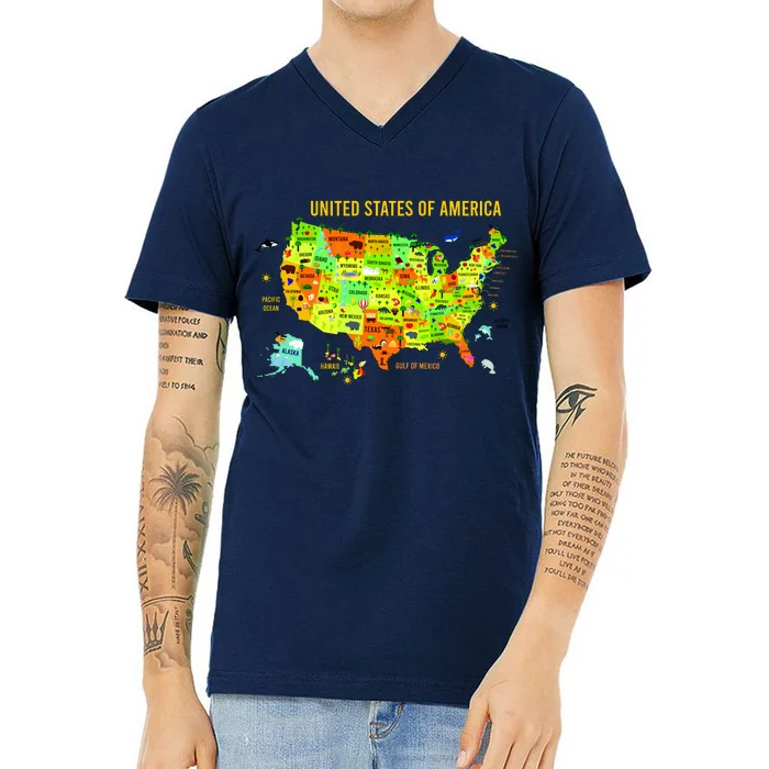 United States Of America Colorful Illustration V-Neck T-Shirt