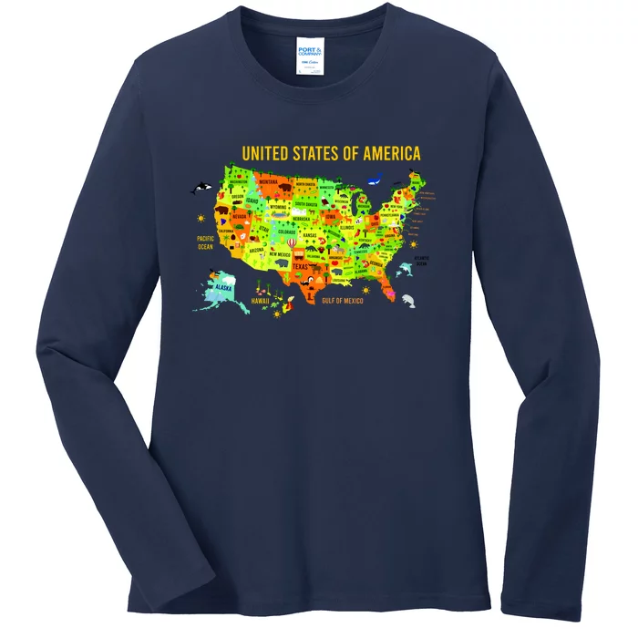 United States Of America Colorful Illustration Ladies Long Sleeve Shirt