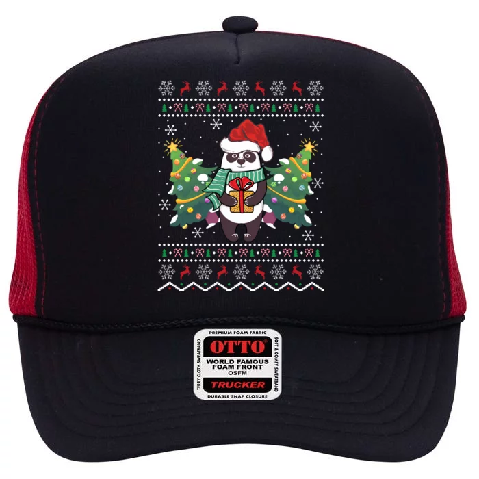 Ugly Sweater Panda Lover Xmas Tree Santa Panda Christmas Gift High Crown Mesh Trucker Hat