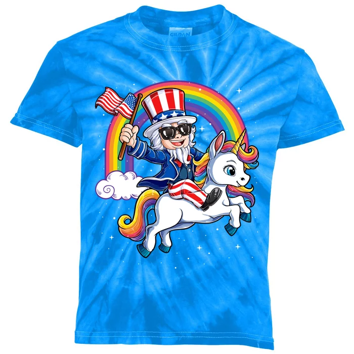 Uncle Sam Riding Unicorn 4th Of July Mericorn Rainbow Gift Kids Tie-Dye T-Shirt