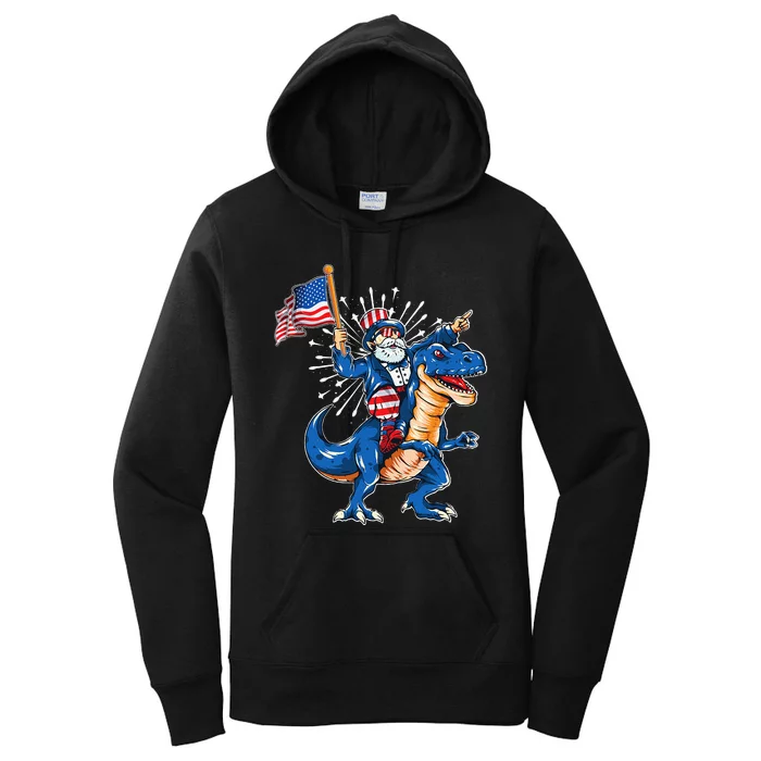 Uncle Sam Riding a dinosaur 4th of July American Flag Women's Pullover Hoodie