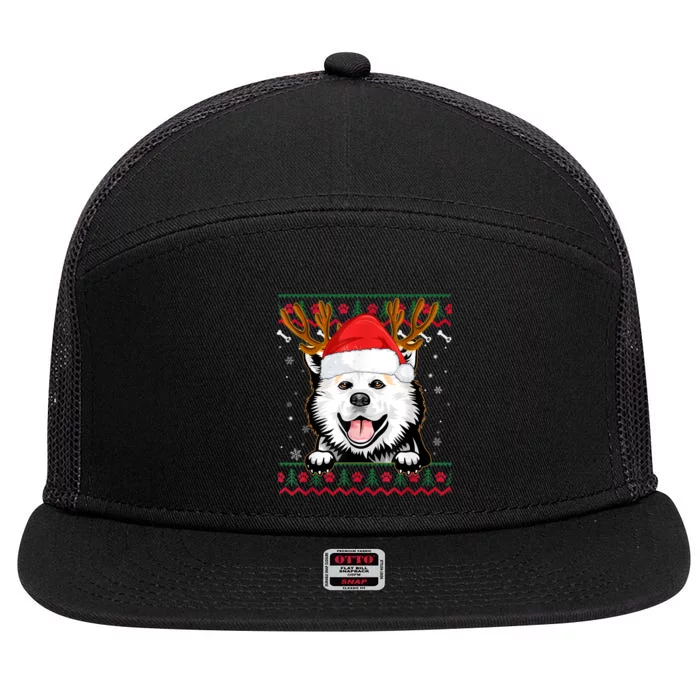 Ugly Sweater Reindeer Santa Christmas American Eskimo Dog 7 Panel Mesh Trucker Snapback Hat