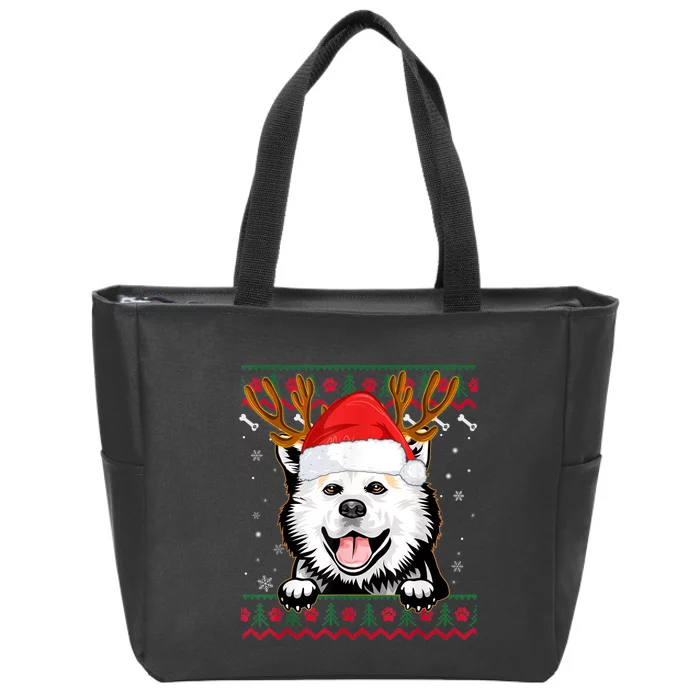 Ugly Sweater Reindeer Santa Christmas American Eskimo Dog Zip Tote Bag