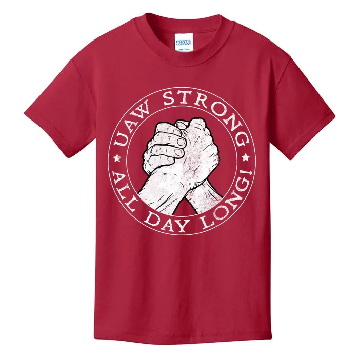 UAW Strike Red United Auto Workers Picket Sign UAW Strong All Day Long Kids T-Shirt