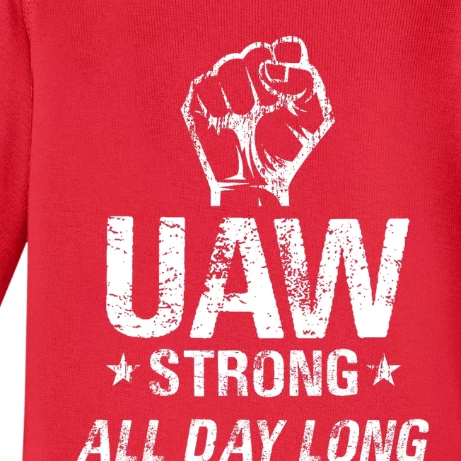 UAW Strike Red United Auto Workers Picket Sign UAW Strong Baby Long Sleeve Bodysuit