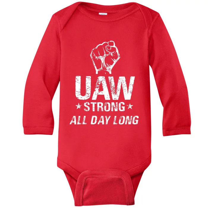 UAW Strike Red United Auto Workers Picket Sign UAW Strong Baby Long Sleeve Bodysuit