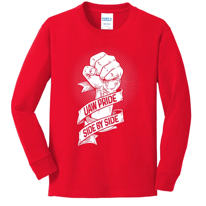 UAW Strike Red T United Auto Workers Picket Sign Kids Long Sleeve Shirt