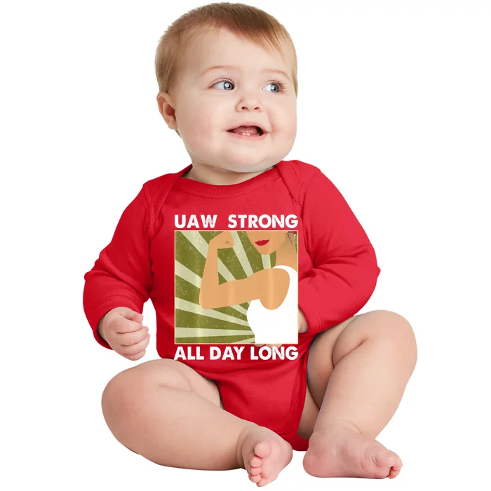 UAW Strike Red T United Auto Workers Union UAW Strong Baby Long Sleeve Bodysuit