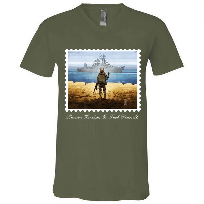 Ukraine Stamp Russian Warship Go F Yourself Island Of Heroes Ukrainian V-Neck T-Shirt