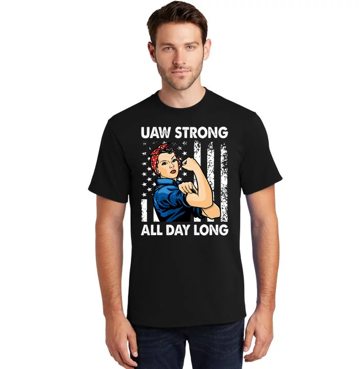 UAW Strike Red United Auto Workers Picket Sign America Flag Tall T-Shirt