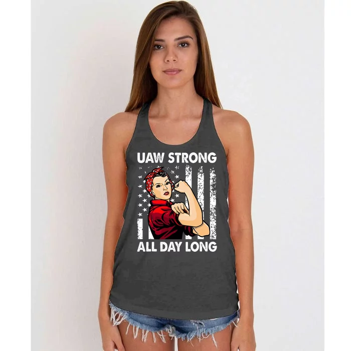 UAW Strike Red United Auto Workers Picket Sign America Flag Women's Knotted Racerback Tank