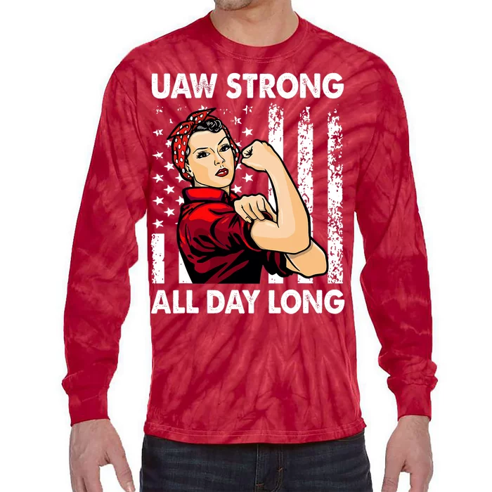 UAW Strike Red United Auto Workers Picket Sign America Flag Tie-Dye Long Sleeve Shirt