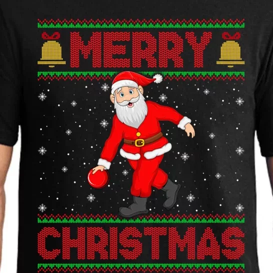 Ugly Sweater Style Santa Claus Playing Bowling Christmas Gift Pajama Set