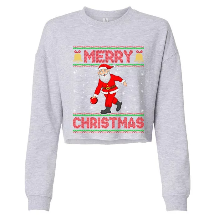 Ugly Sweater Style Santa Claus Playing Bowling Christmas Gift Cropped Pullover Crew