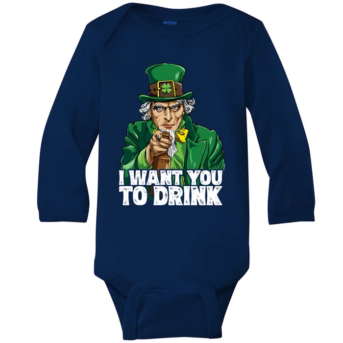 Uncle Sam St Patricks Day I Want You To Leprechaun Gift Baby Long Sleeve Bodysuit