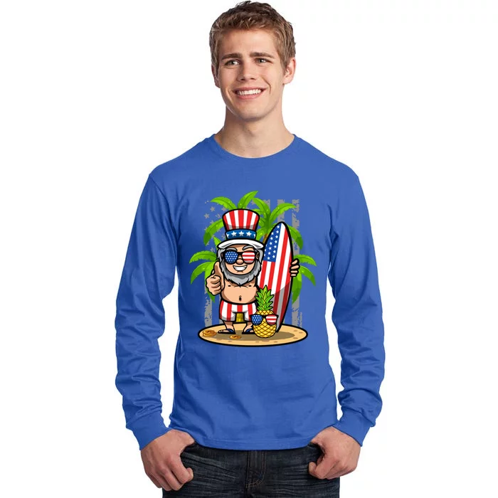 Uncle Sam Surfing America 4th Of July Pineapple Beach Vibe Gift Tall Long Sleeve T-Shirt