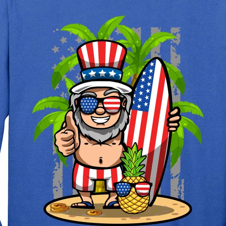 Uncle Sam Surfing America 4th Of July Pineapple Beach Vibe Gift Tall Long Sleeve T-Shirt