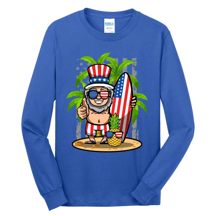 Uncle Sam Surfing America 4th Of July Pineapple Beach Vibe Gift Tall Long Sleeve T-Shirt