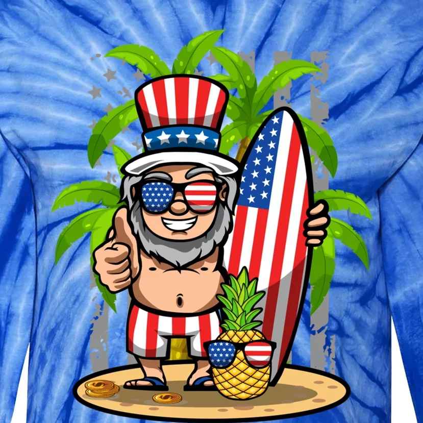 Uncle Sam Surfing America 4th Of July Pineapple Beach Vibe Gift Tie-Dye Long Sleeve Shirt