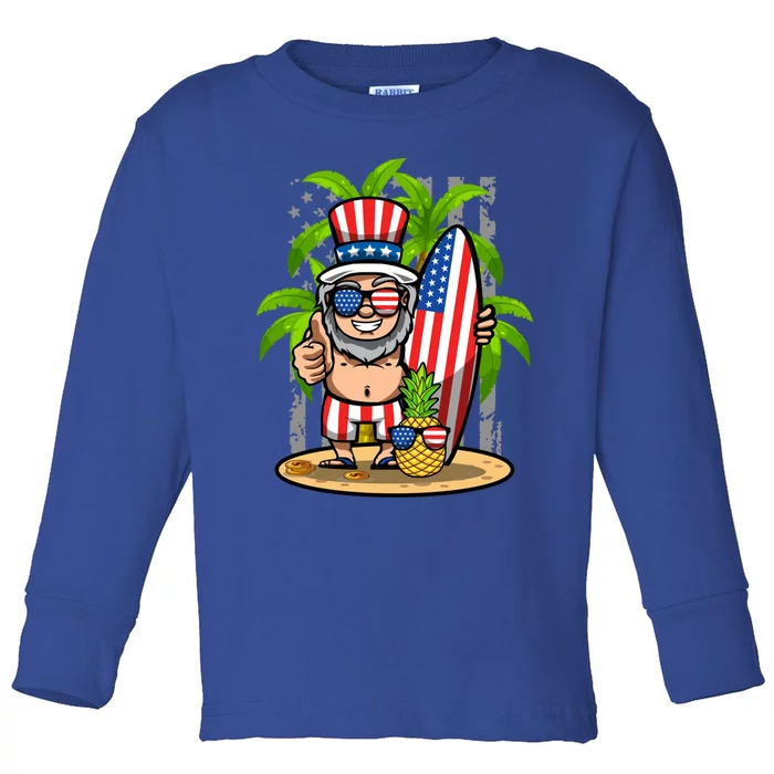 Uncle Sam Surfing America 4th Of July Pineapple Beach Vibe Gift Toddler Long Sleeve Shirt