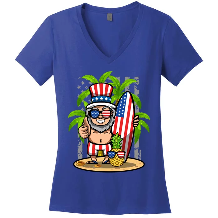 Uncle Sam Surfing America 4th Of July Pineapple Beach Vibe Gift Women's V-Neck T-Shirt