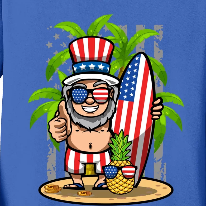 Uncle Sam Surfing America 4th Of July Pineapple Beach Vibe Gift Kids Long Sleeve Shirt