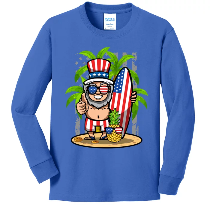 Uncle Sam Surfing America 4th Of July Pineapple Beach Vibe Gift Kids Long Sleeve Shirt