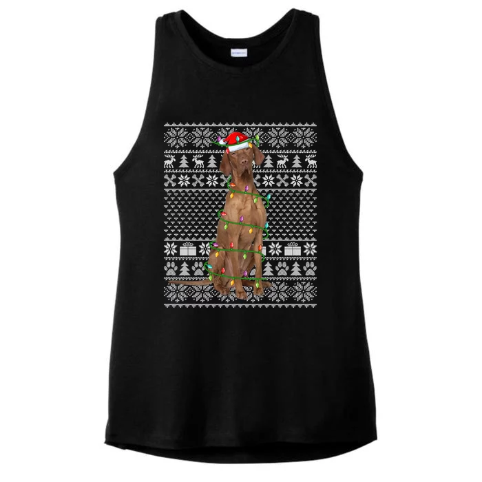 Ugly Sweater Style Xmas Lights Santa Vizsla Dog Christmas Gift Ladies Tri-Blend Wicking Tank