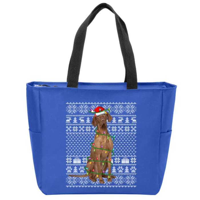 Ugly Sweater Style Xmas Lights Santa Vizsla Dog Christmas Gift Zip Tote Bag