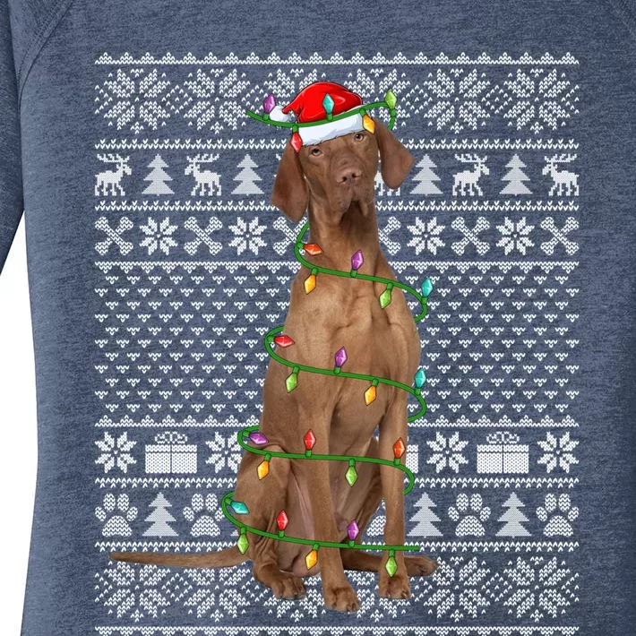 Ugly Sweater Style Xmas Lights Santa Vizsla Dog Christmas Gift Women's Perfect Tri Tunic Long Sleeve Shirt