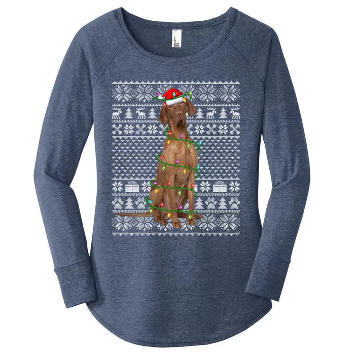 Ugly Sweater Style Xmas Lights Santa Vizsla Dog Christmas Gift Women's Perfect Tri Tunic Long Sleeve Shirt