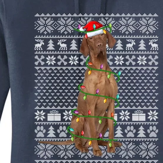 Ugly Sweater Style Xmas Lights Santa Vizsla Dog Christmas Gift Women's Pullover Hoodie