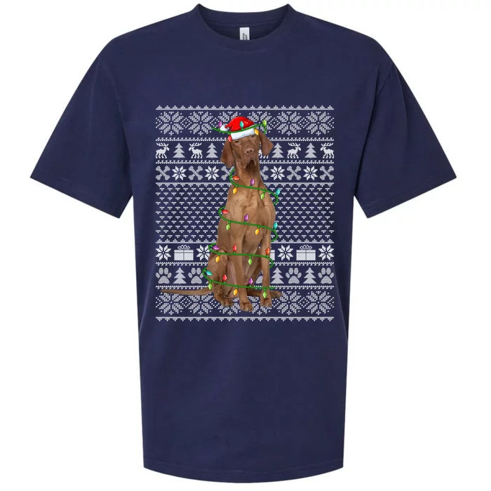 Ugly Sweater Style Xmas Lights Santa Vizsla Dog Christmas Gift Sueded Cloud Jersey T-Shirt