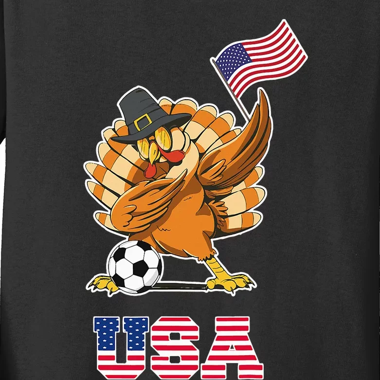 USA Soccer Thanksgiving Soccer Turkey American Flag Kids Long Sleeve Shirt