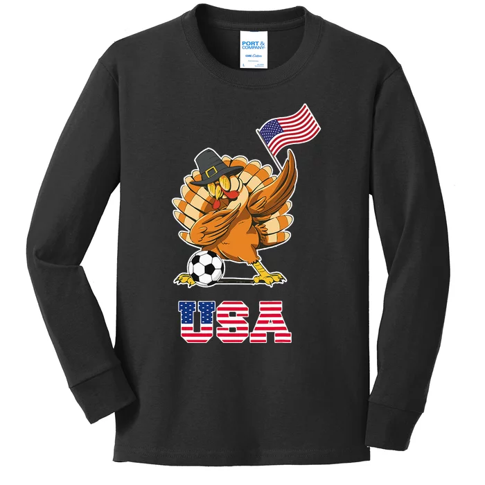 USA Soccer Thanksgiving Soccer Turkey American Flag Kids Long Sleeve Shirt