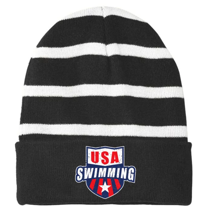 USA Swimming Team Sports Athlete US Swim Aquatic Design Striped Beanie with Solid Band